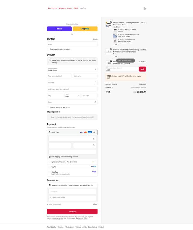 Singer Sewing Machine checkout page showing Singer Sewing Machine promo code box | Screenshot taken by SimplyCodes community member on Sep 12, 2025