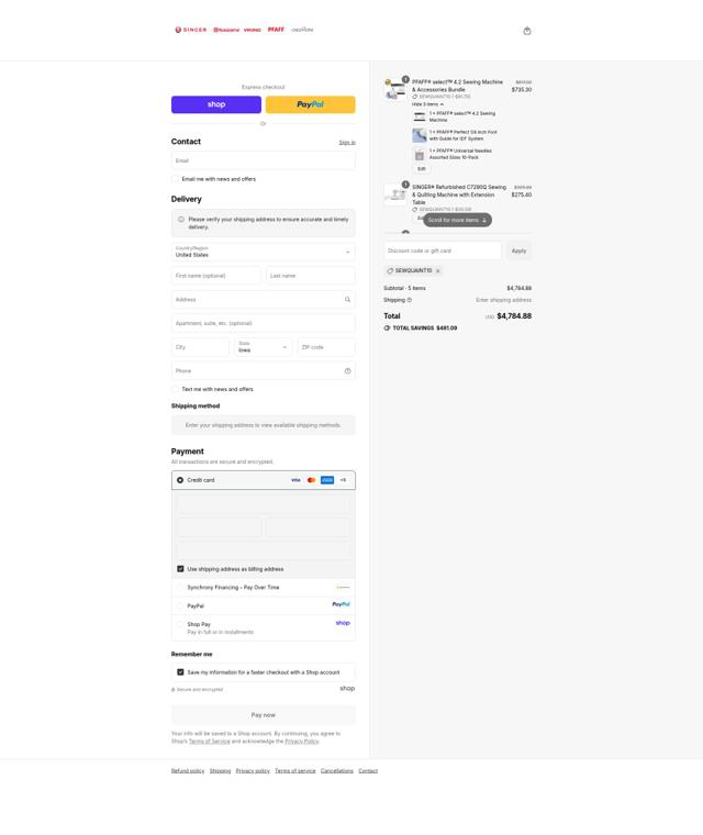Singer Sewing Machine checkout page showing Singer Sewing Machine promo code box | Screenshot taken by SimplyCodes community member on Sep 12, 2025