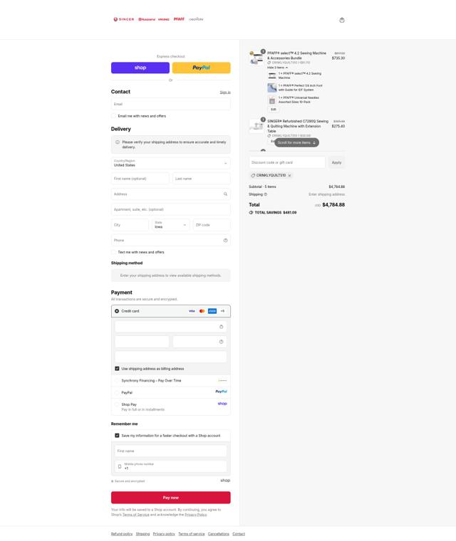 Singer Sewing Machine checkout page showing Singer Sewing Machine promo code box | Screenshot taken by SimplyCodes community member on Sep 12, 2025