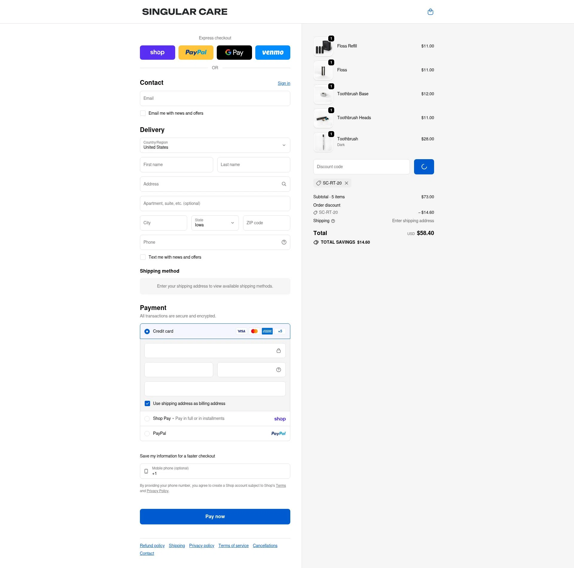 Singular Care checkout page showing Singular Care discount code box | Screenshot taken by SimplyCodes community member on Feb 11, 2026