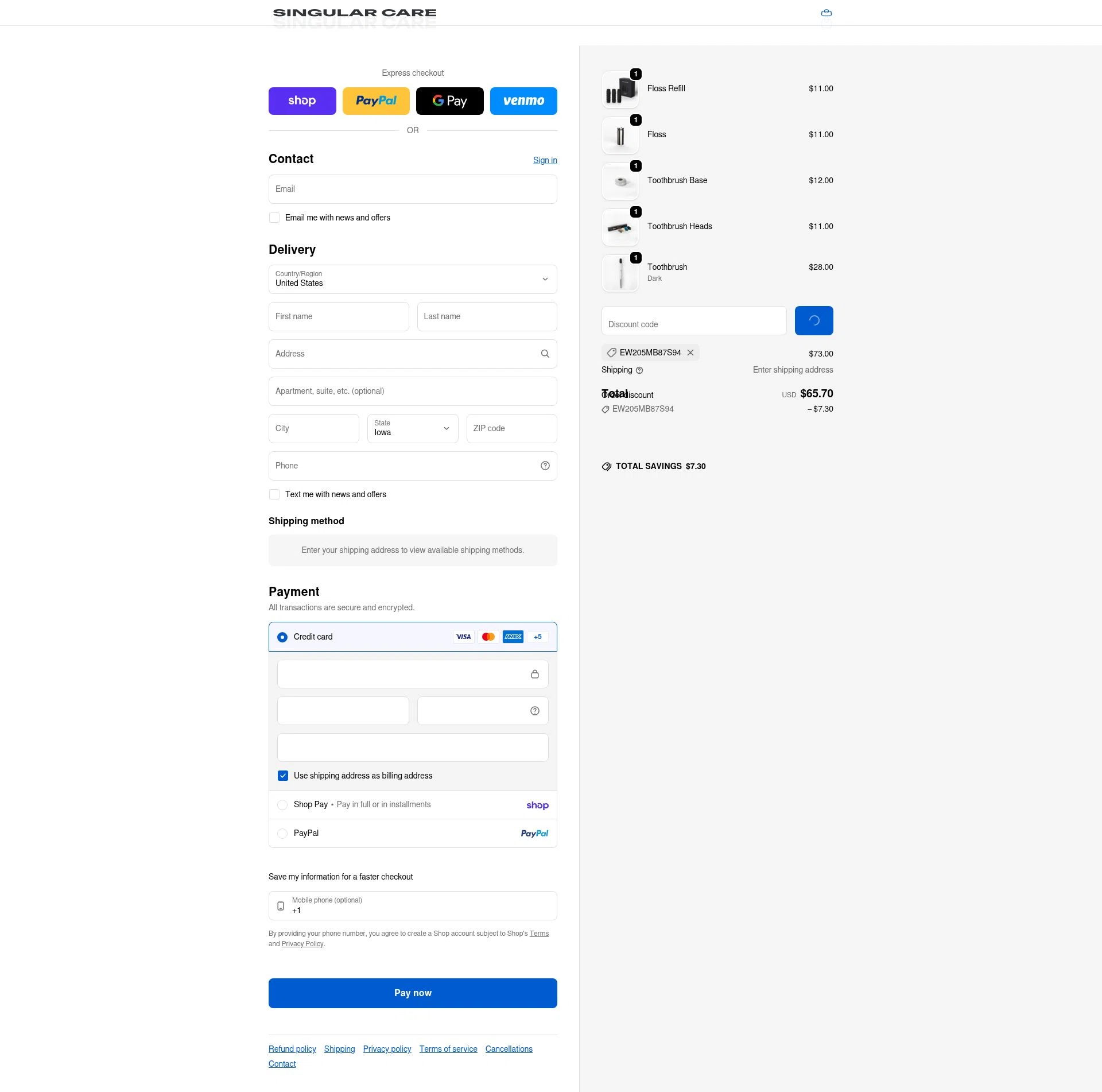 Singular Care checkout page showing Singular Care discount code box | Screenshot taken by SimplyCodes community member on Feb 11, 2026