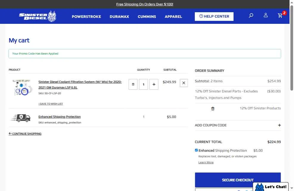 Sinister Diesel checkout page showing Sinister Diesel discount code box | Screenshot taken by SimplyCodes community member on Oct 31, 2025