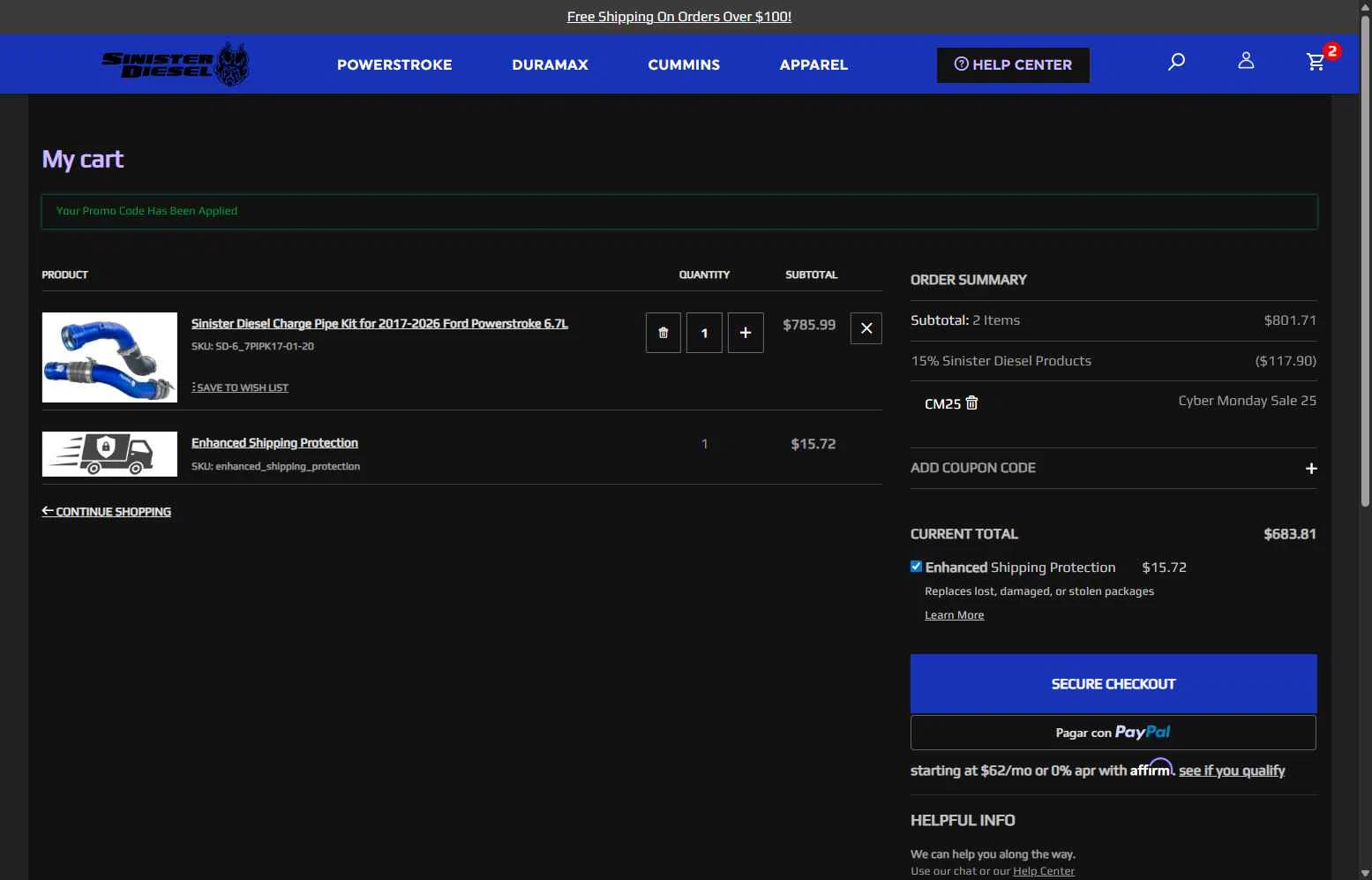 Sinister Diesel checkout page showing Sinister Diesel discount code box | Screenshot taken by SimplyCodes community member on Dec 30, 2025