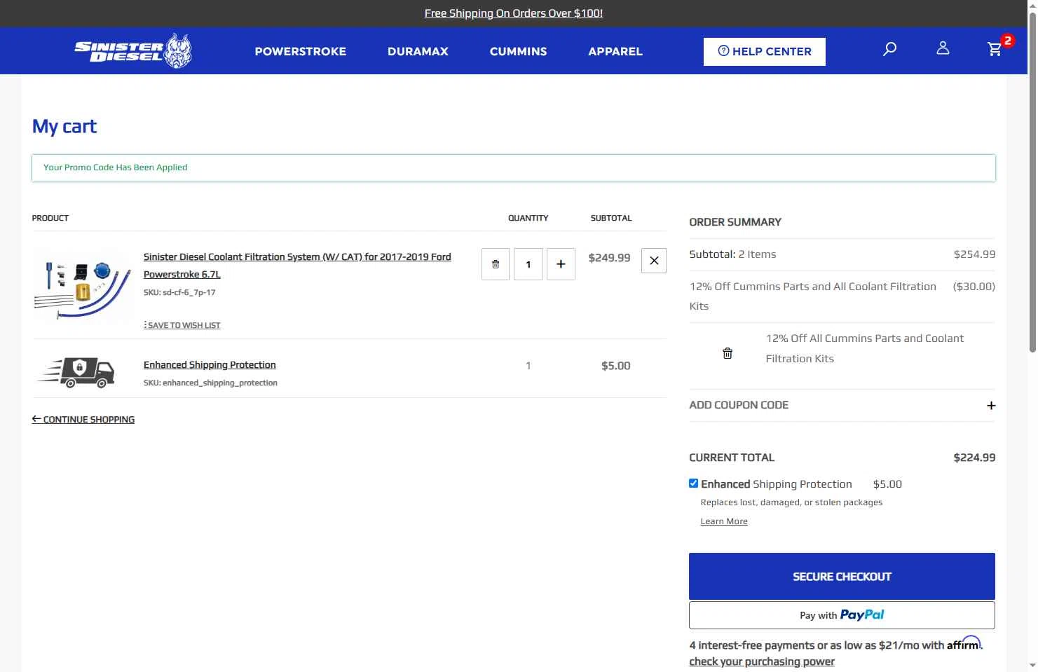 Sinister Diesel checkout page showing Sinister Diesel discount code box | Screenshot taken by SimplyCodes community member on Sep 3, 2025