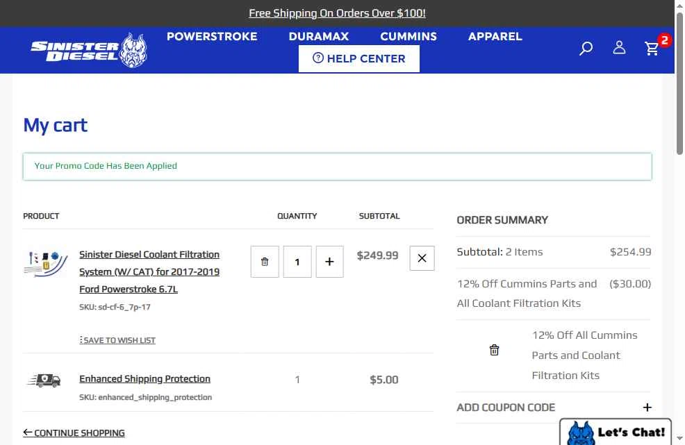 Sinister Diesel checkout page showing Sinister Diesel discount code box | Screenshot taken by SimplyCodes community member on Oct 2, 2025