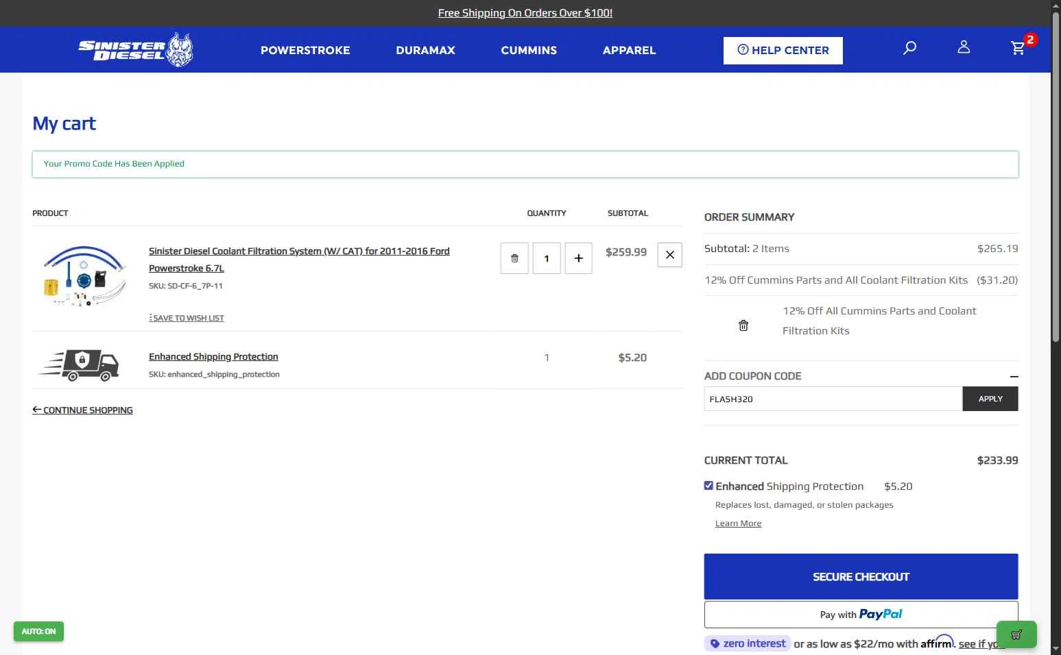 Sinister Diesel checkout page showing Sinister Diesel discount code box | Screenshot taken by SimplyCodes community member on Nov 17, 2025
