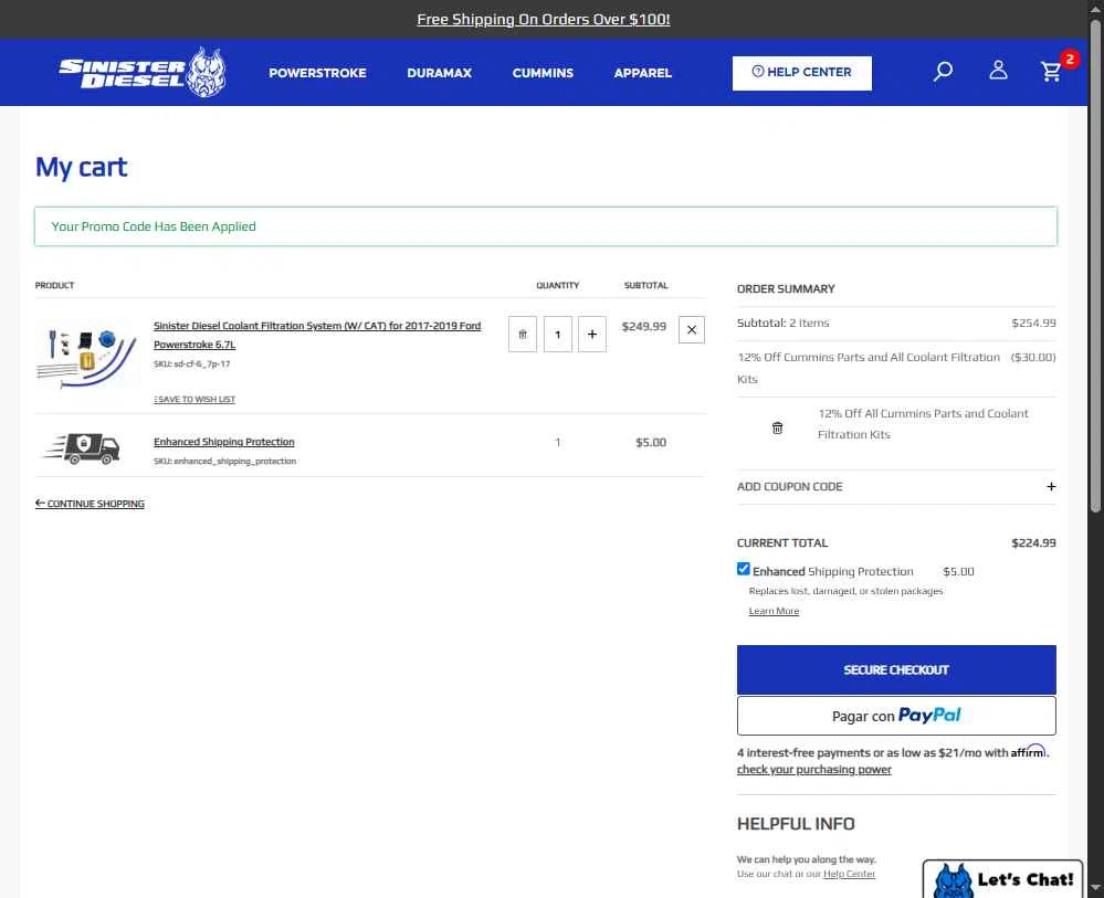 Sinister Diesel checkout page showing Sinister Diesel discount code box | Screenshot taken by SimplyCodes community member on Oct 31, 2025