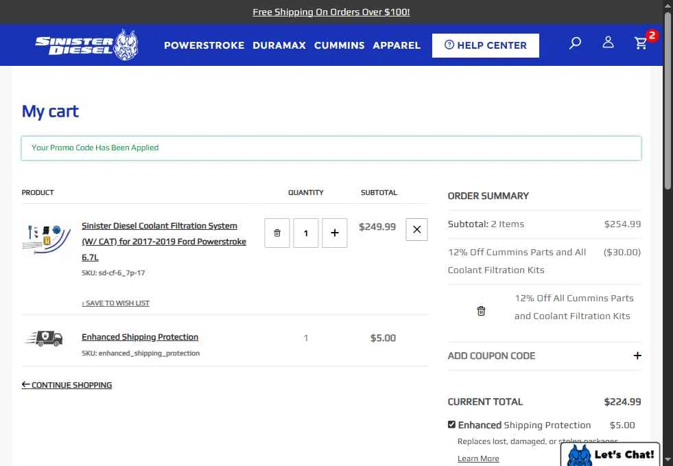 Sinister Diesel checkout page showing Sinister Diesel discount code box | Screenshot taken by SimplyCodes community member on Oct 2, 2025