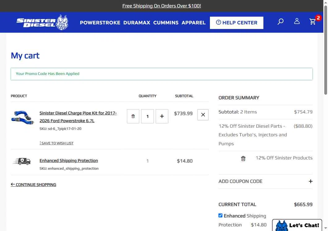 Sinister Diesel checkout page showing Sinister Diesel discount code box | Screenshot taken by SimplyCodes community member on Oct 31, 2025