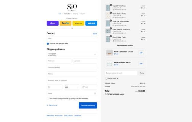 Sio Beauty checkout page showing Sio Beauty discount code box | Screenshot taken by SimplyCodes community member on Sep 14, 2025