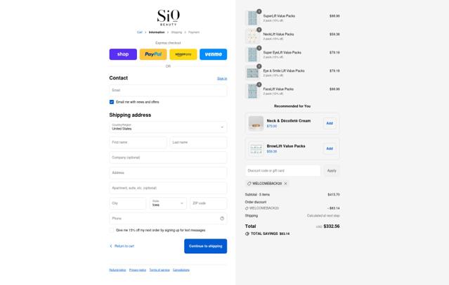 Sio Beauty checkout page showing Sio Beauty discount code box | Screenshot taken by SimplyCodes community member on Sep 14, 2025