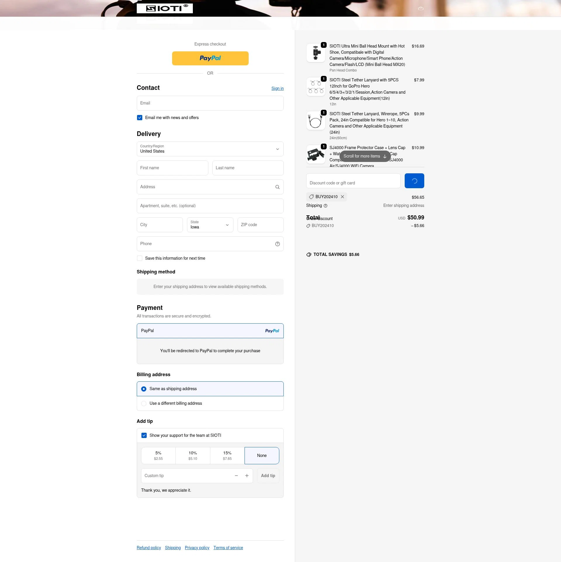 SIOTI checkout page showing SIOTI promo code box | Screenshot taken by SimplyCodes community member on Feb 11, 2026