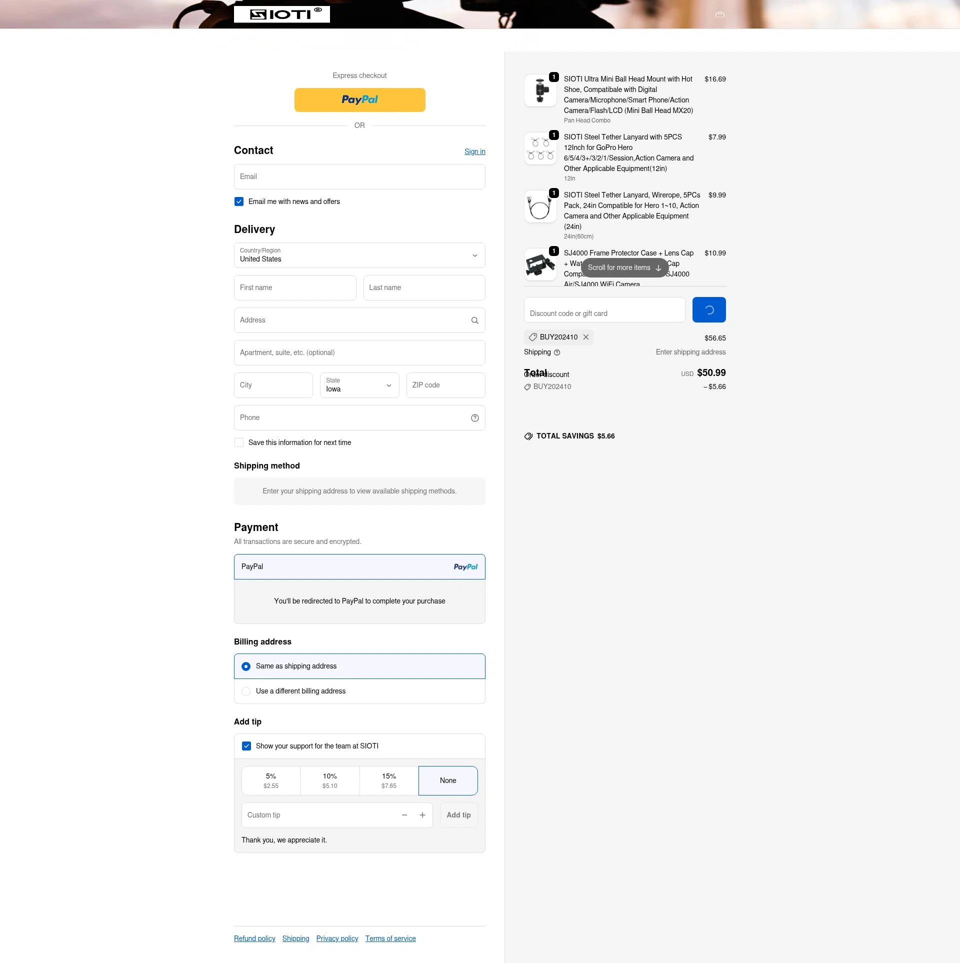 SIOTI checkout page showing SIOTI promo code box | Screenshot taken by SimplyCodes community member on Feb 6, 2026