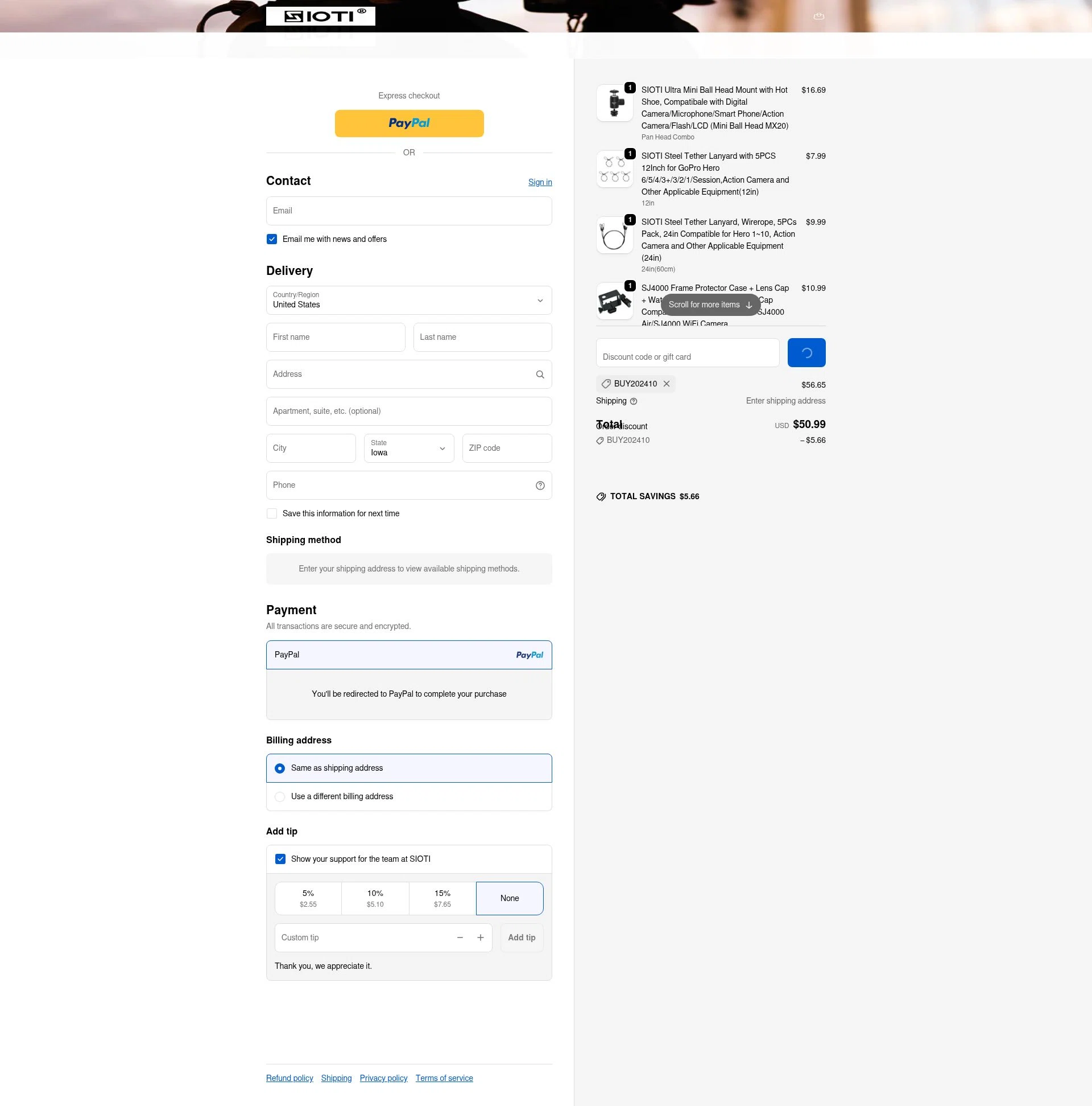 SIOTI checkout page showing SIOTI promo code box | Screenshot taken by SimplyCodes community member on Jan 29, 2026