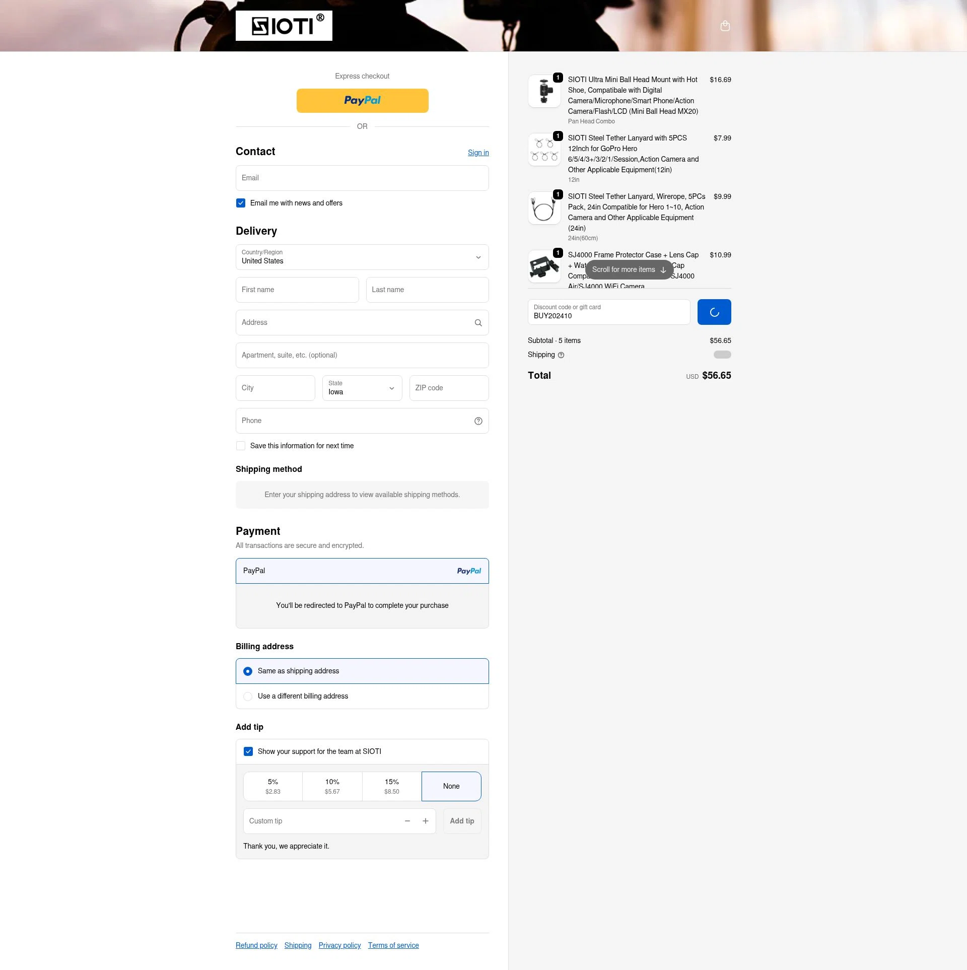 SIOTI checkout page showing SIOTI promo code box | Screenshot taken by SimplyCodes community member on Feb 2, 2026