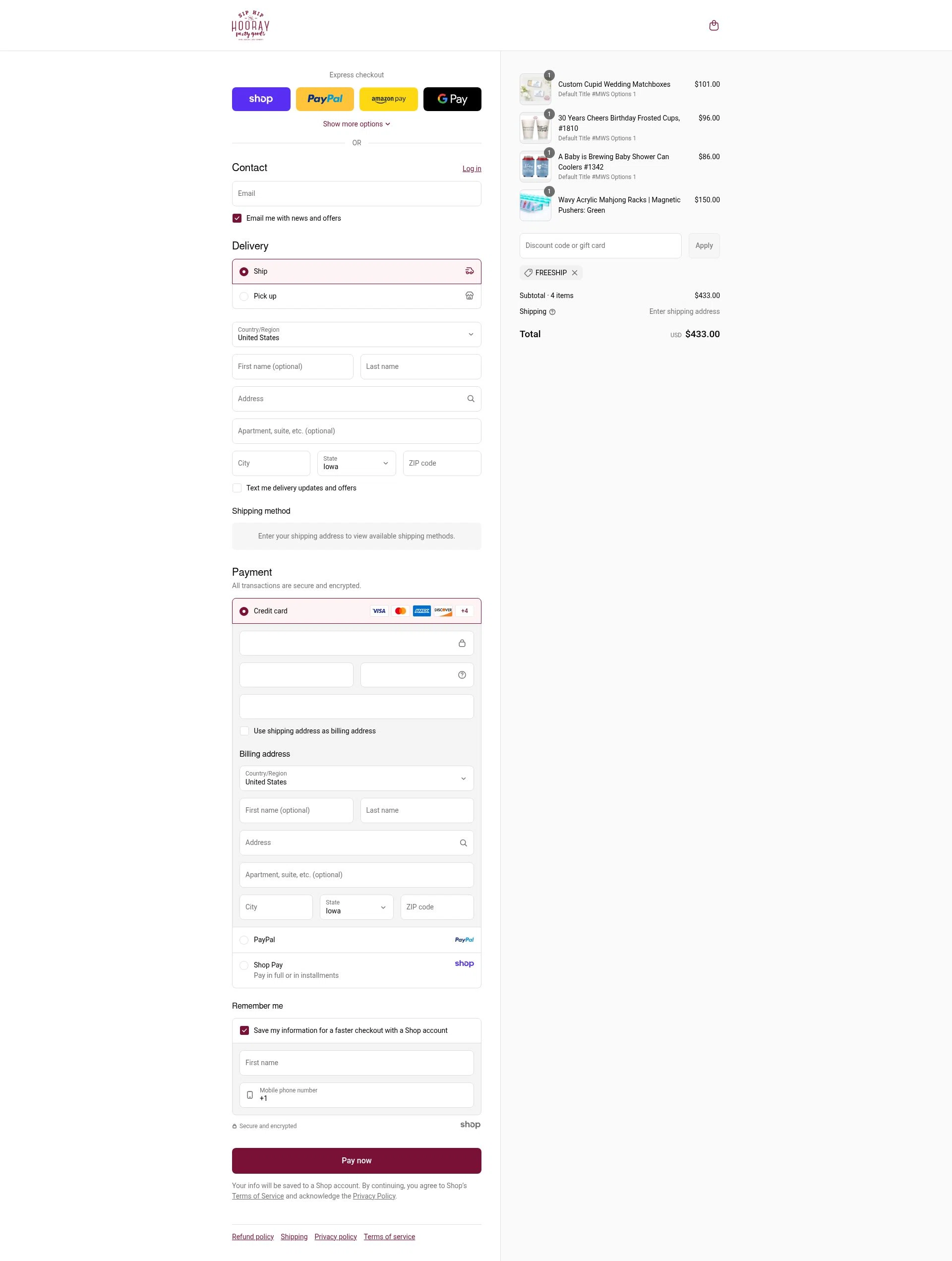 Sip Hip Hooray checkout page showing Sip Hip Hooray discount code box | Screenshot taken by SimplyCodes community member on Sep 7, 2025
