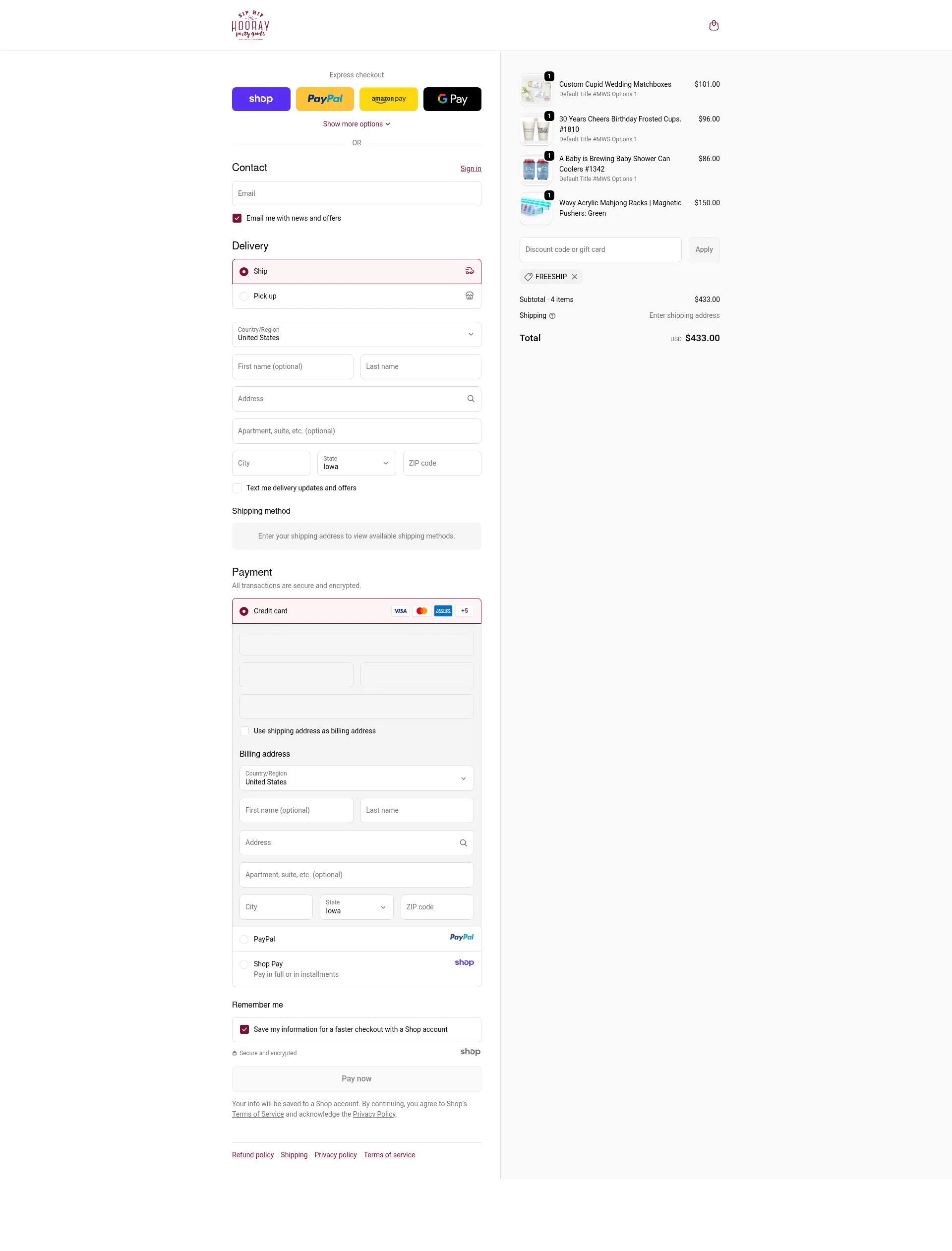 Sip Hip Hooray checkout page showing Sip Hip Hooray discount code box | Screenshot taken by SimplyCodes community member on Sep 19, 2025
