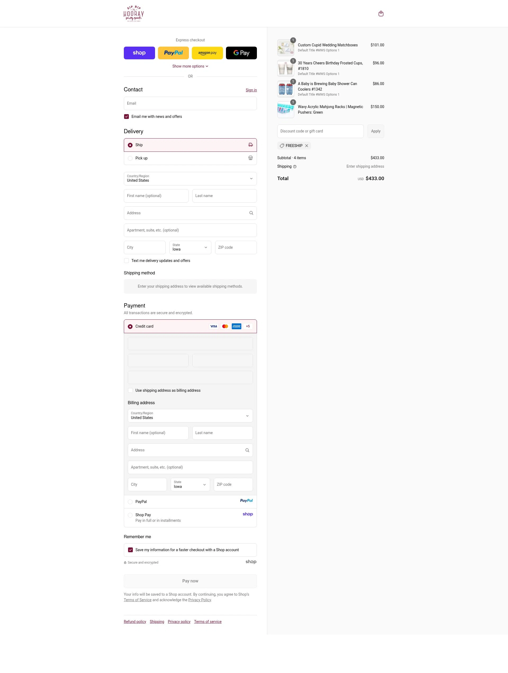 Sip Hip Hooray checkout page showing Sip Hip Hooray discount code box | Screenshot taken by SimplyCodes community member on Sep 15, 2025