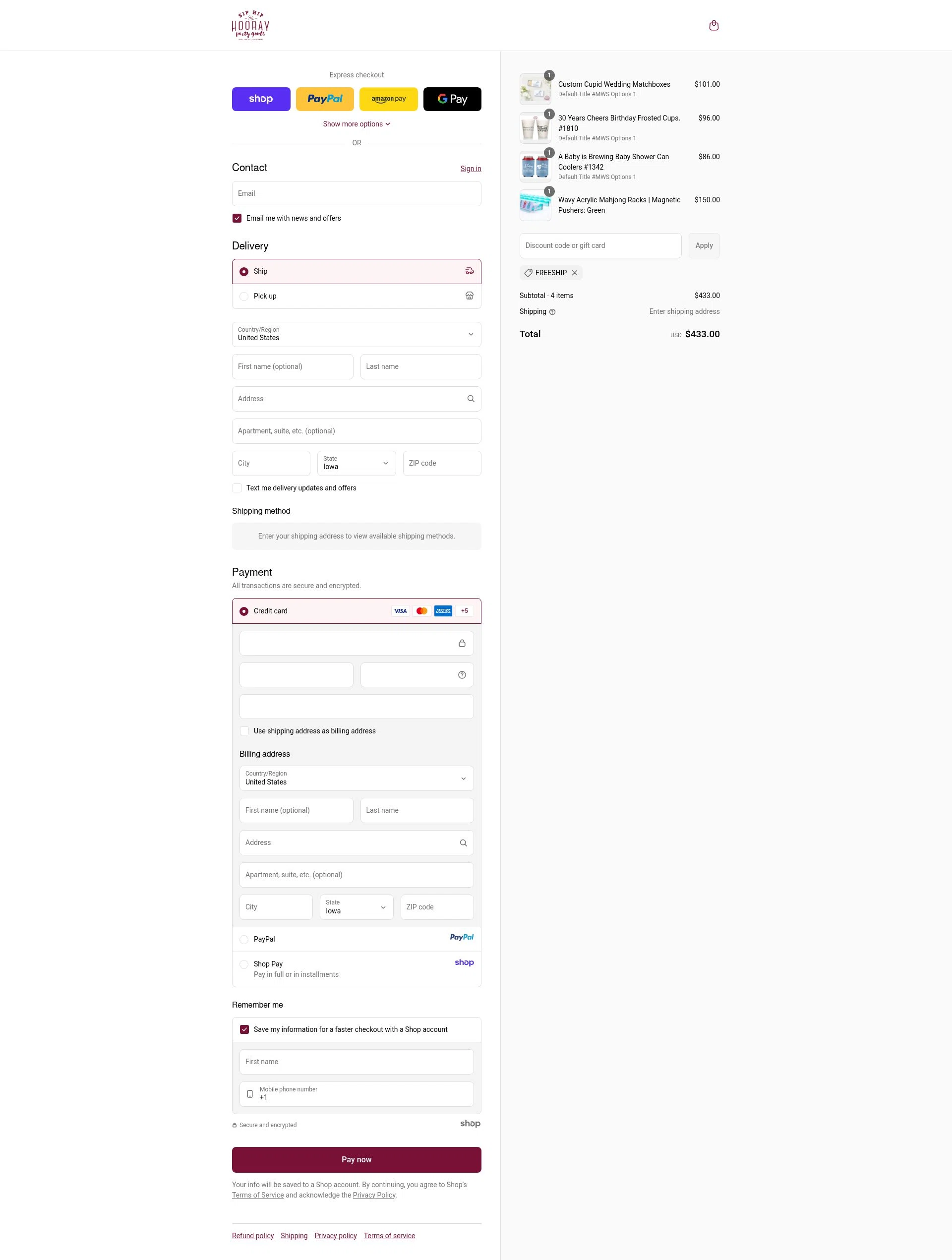 Sip Hip Hooray checkout page showing Sip Hip Hooray discount code box | Screenshot taken by SimplyCodes community member on Sep 11, 2025