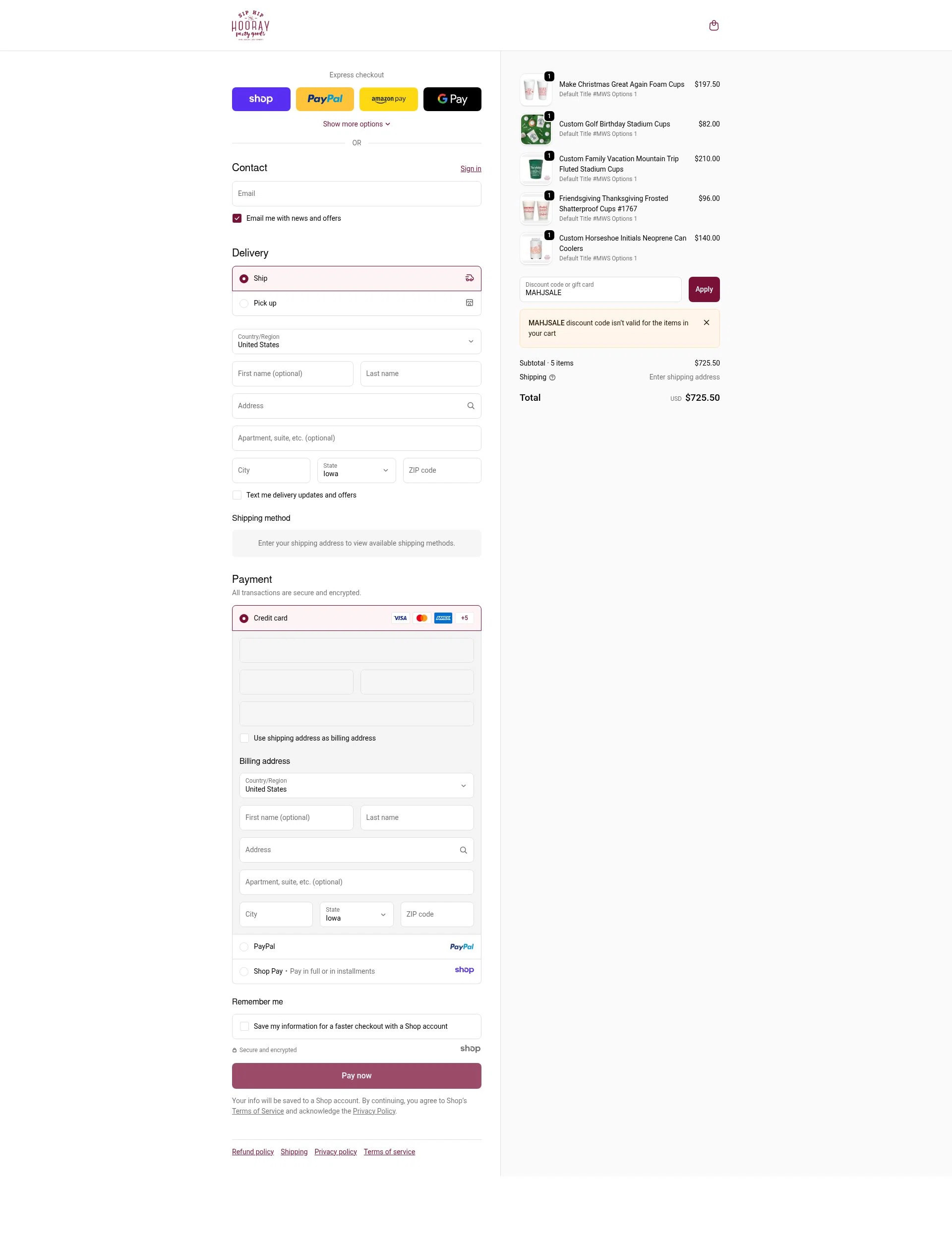 Sip Hip Hooray checkout page showing Sip Hip Hooray discount code box | Screenshot taken by SimplyCodes community member on Nov 12, 2025