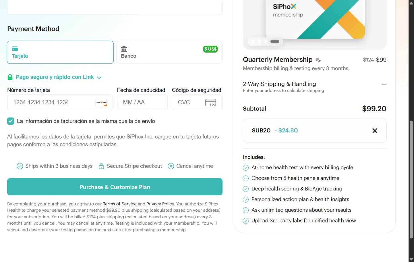 SiPhox Health checkout page showing SiPhox Health promo code box | Screenshot taken by SimplyCodes community member on Feb 10, 2026