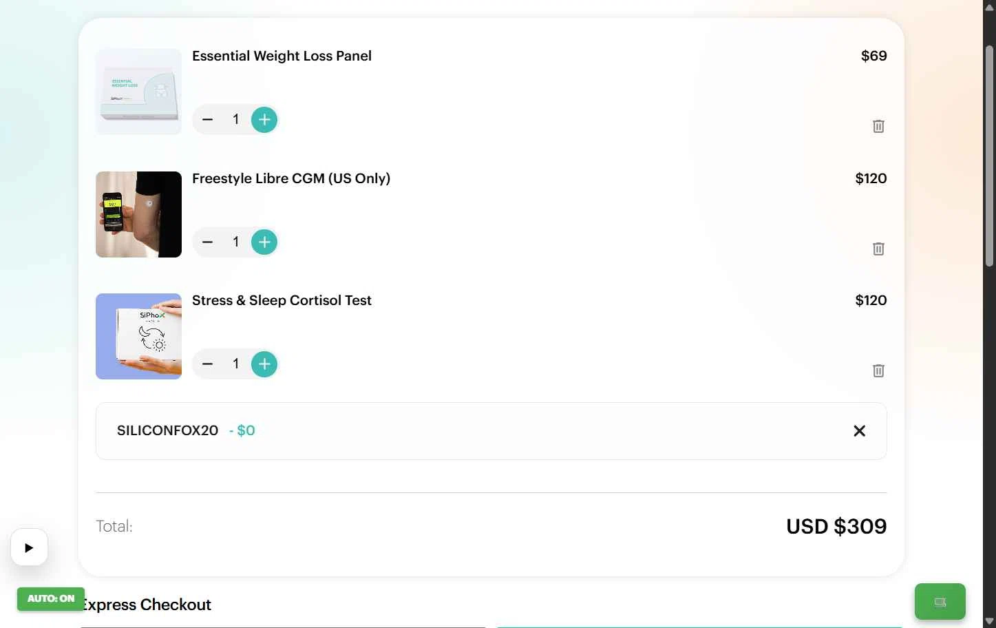 SiPhox Health checkout page showing SiPhox Health promo code box | Screenshot taken by SimplyCodes community member on Feb 13, 2026