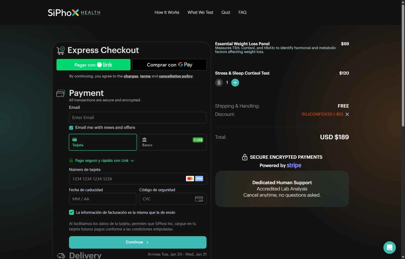 SiPhox Health checkout page showing SiPhox Health promo code box | Screenshot taken by SimplyCodes community member on Jan 15, 2026