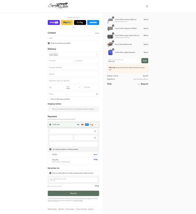 Sipsey Wilder checkout page showing Sipsey Wilder discount code box | Screenshot taken by SimplyCodes community member on Aug 17, 2025