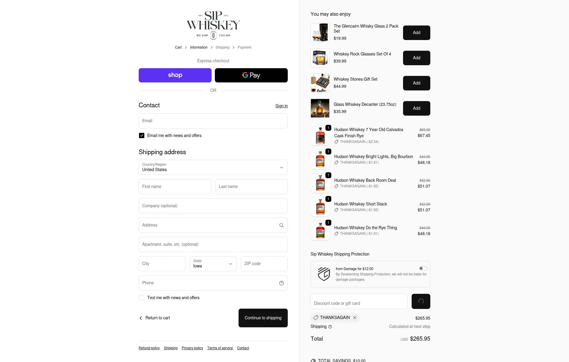 Sip Whiskey checkout page showing Sip Whiskey discount code box | Screenshot taken by SimplyCodes community member on Feb 5, 2026