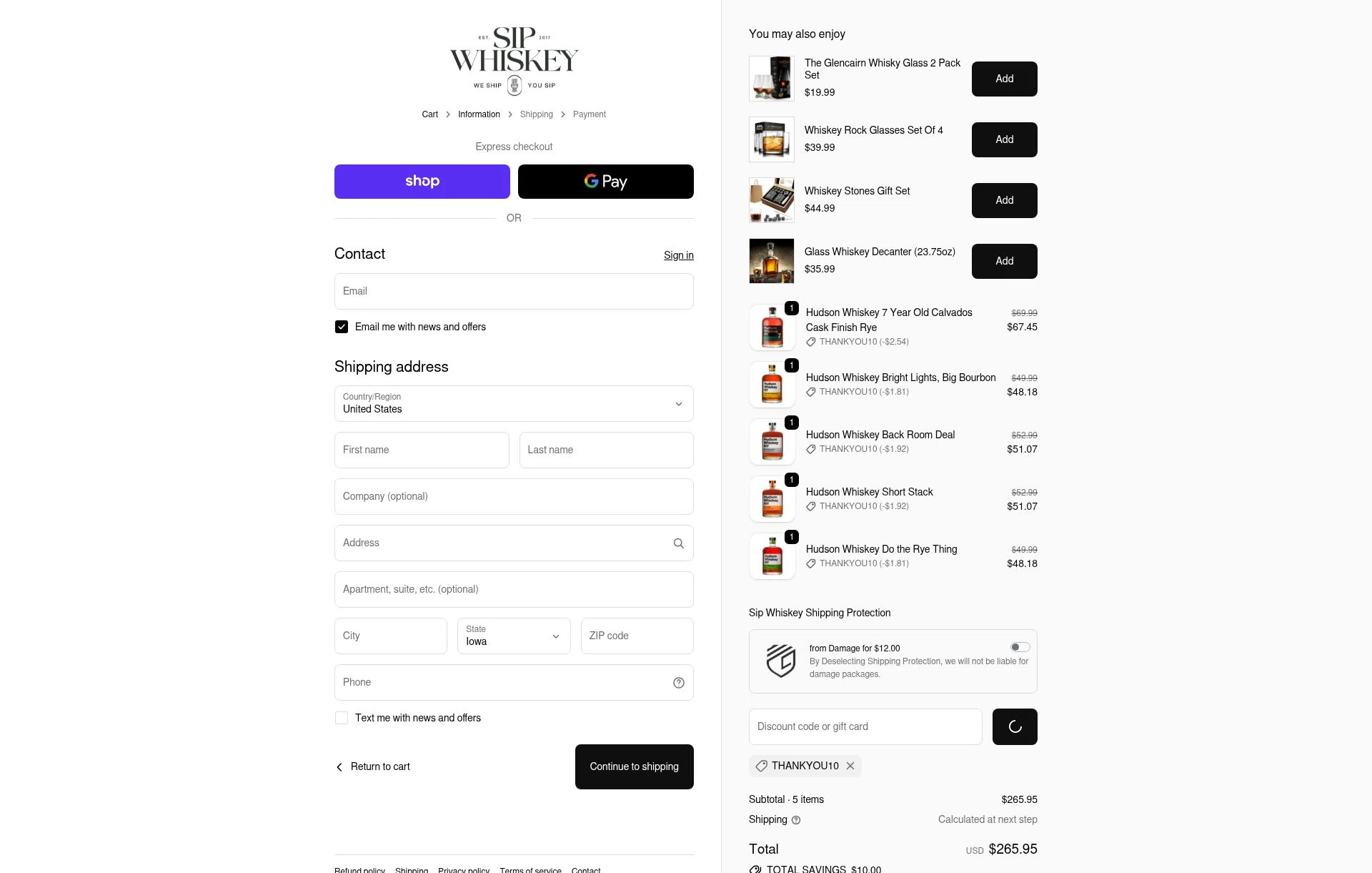 Sip Whiskey checkout page showing Sip Whiskey discount code box | Screenshot taken by SimplyCodes community member on Feb 5, 2026