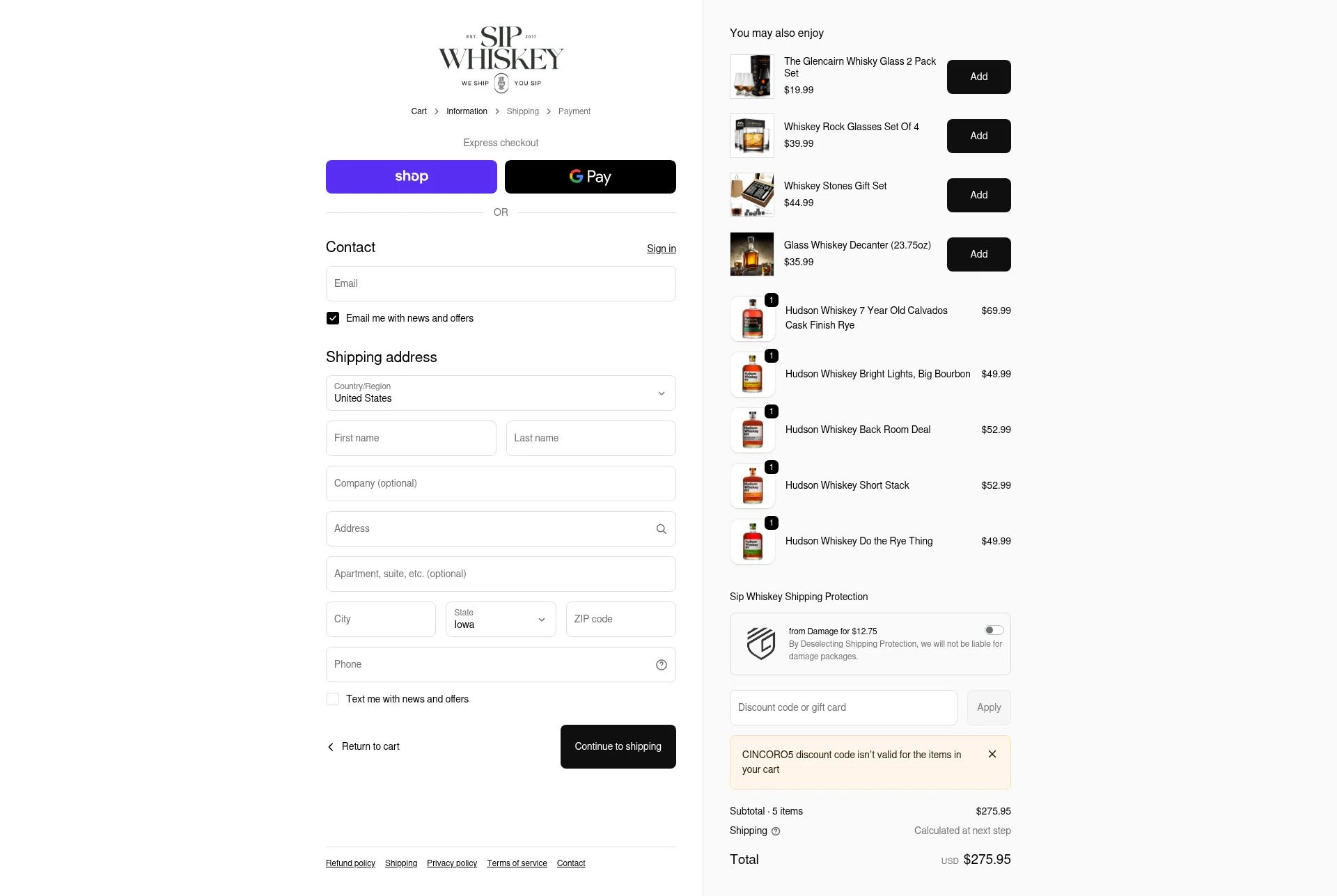 Sip Whiskey checkout page showing Sip Whiskey discount code box | Screenshot taken by SimplyCodes community member on Feb 5, 2026