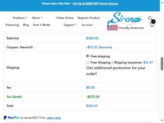 Sirena checkout page showing Sirena promo code box | Screenshot taken by SimplyCodes community member on Aug 27, 2025