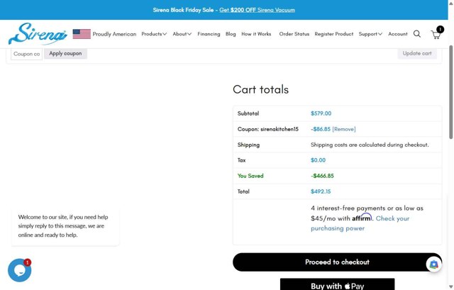 Sirena checkout page showing Sirena promo code box | Screenshot taken by SimplyCodes community member on May 9, 2025