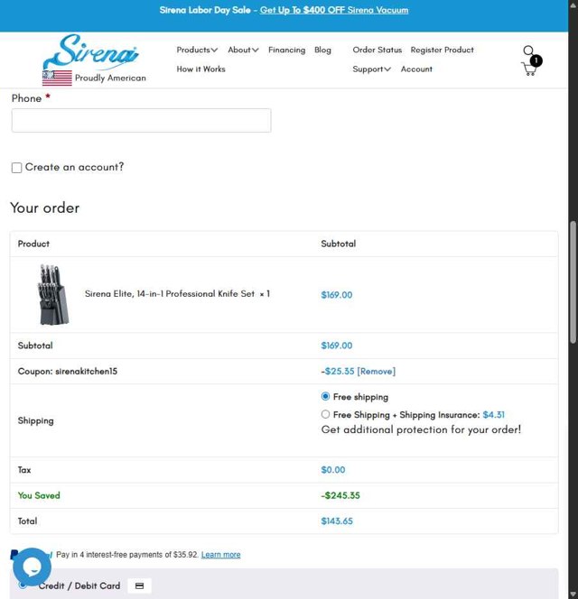 Sirena checkout page showing Sirena promo code box | Screenshot taken by SimplyCodes community member on Sep 1, 2025