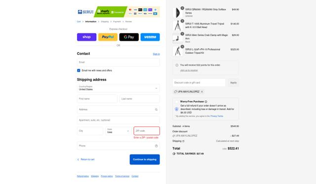 Sirui checkout page showing Sirui discount code box | Screenshot taken by SimplyCodes community member on Sep 12, 2025