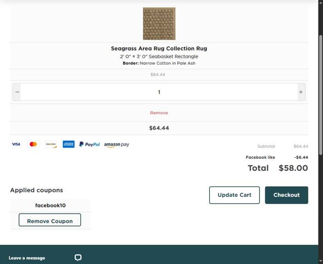Sisal Rugs Direct checkout page showing Sisal Rugs Direct coupon code box | Screenshot taken by SimplyCodes community member on Aug 31, 2025
