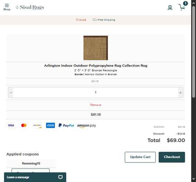 Sisal Rugs Direct checkout page showing Sisal Rugs Direct coupon code box | Screenshot taken by SimplyCodes community member on Jul 28, 2025