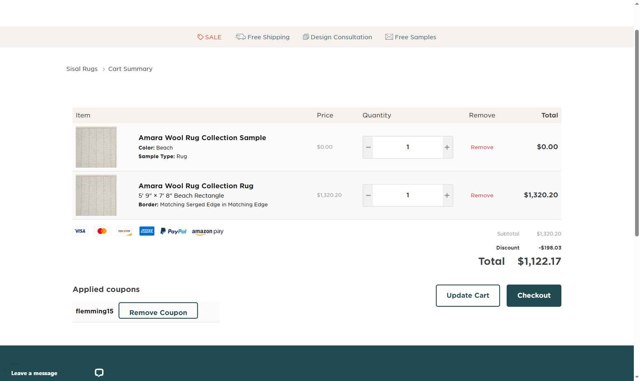 Sisal Rugs Direct checkout page showing Sisal Rugs Direct coupon code box | Screenshot taken by SimplyCodes community member on Aug 19, 2025