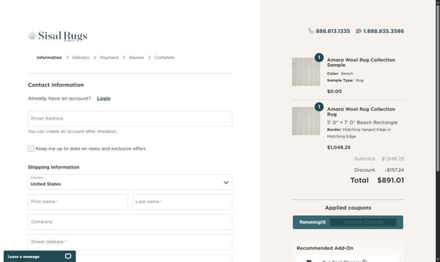 Sisal Rugs Direct checkout page showing Sisal Rugs Direct coupon code box | Screenshot taken by SimplyCodes community member on Aug 8, 2025
