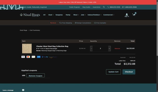 Sisal Rugs Direct checkout page showing Sisal Rugs Direct coupon code box | Screenshot taken by SimplyCodes community member on Sep 1, 2025