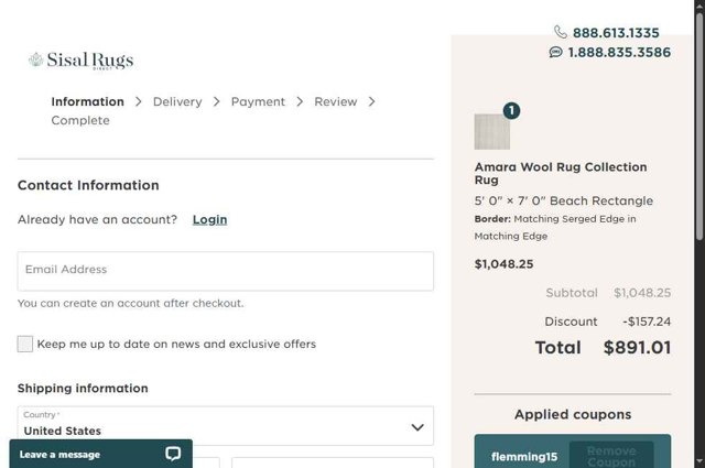 Sisal Rugs Direct checkout page showing Sisal Rugs Direct coupon code box | Screenshot taken by SimplyCodes community member on Aug 30, 2025