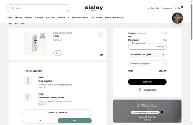 Sisley Paris checkout page showing Sisley Paris promo code box | Screenshot taken by SimplyCodes community member on May 27, 2025
