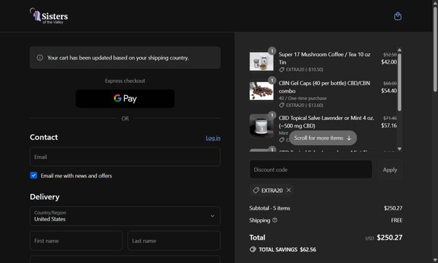 Sisters of the Valley checkout page showing Sisters of the Valley promo code box | Screenshot taken by SimplyCodes community member on Sep 7, 2025