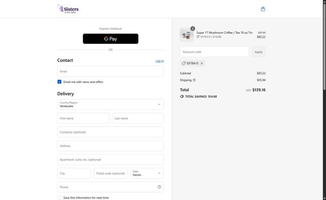 Sisters of the Valley checkout page showing Sisters of the Valley promo code box | Screenshot taken by SimplyCodes community member on Aug 30, 2025