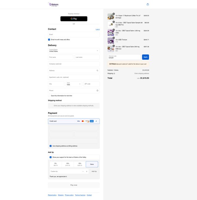 Sisters of the Valley checkout page showing Sisters of the Valley promo code box | Screenshot taken by SimplyCodes community member on Aug 30, 2025