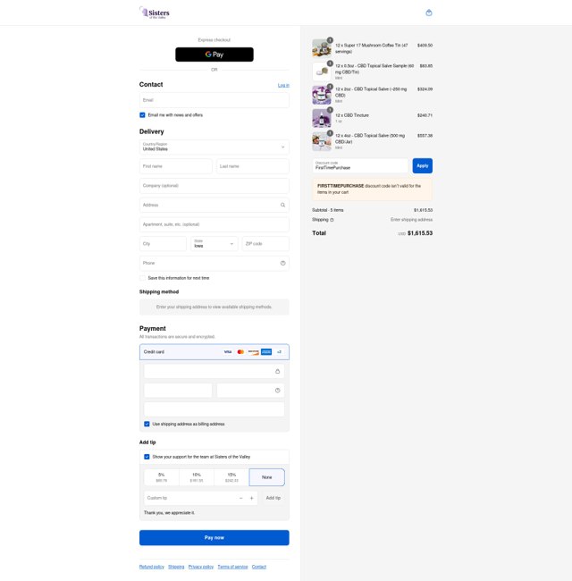Sisters of the Valley checkout page showing Sisters of the Valley promo code box | Screenshot taken by SimplyCodes community member on Aug 30, 2025