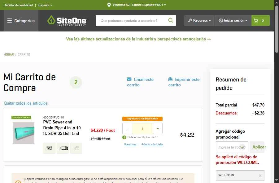 SiteOne checkout page showing SiteOne promo code box | Screenshot taken by SimplyCodes community member on Sep 11, 2025
