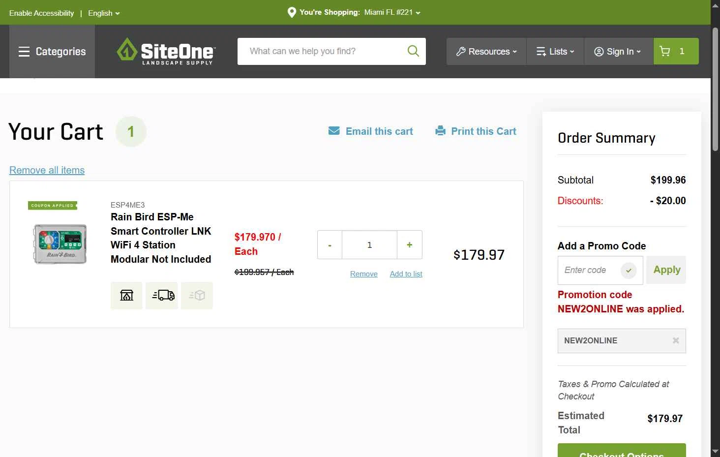 SiteOne checkout page showing SiteOne promo code box | Screenshot taken by SimplyCodes community member on Sep 11, 2025