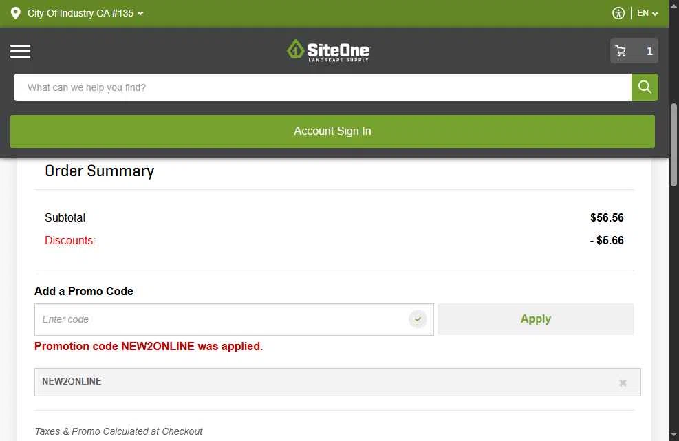 SiteOne checkout page showing SiteOne promo code box | Screenshot taken by SimplyCodes community member on Jul 19, 2025