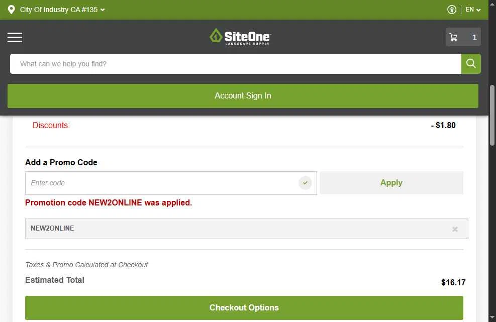 SiteOne checkout page showing SiteOne promo code box | Screenshot taken by SimplyCodes community member on Jul 19, 2025